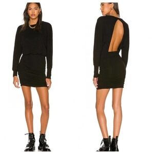 Monrow Supersoft Open Back Shirred Dress Small S Black Long Sleeves